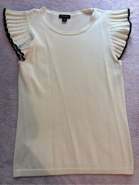 Ann Taylor Cream Knit Tank with Black-Trim Flutter Sleeves